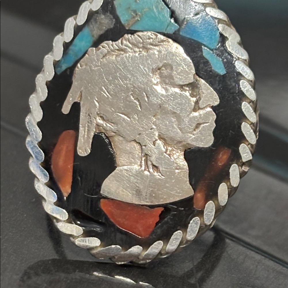 Silver and Turquoise vintage buffalo coin Ring